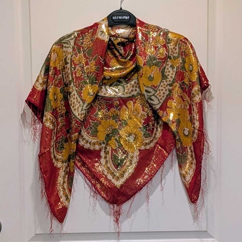 NWOT Beckwoman 36"x36" Indian Cotton Gold Metallic Floral Mandala Scarf